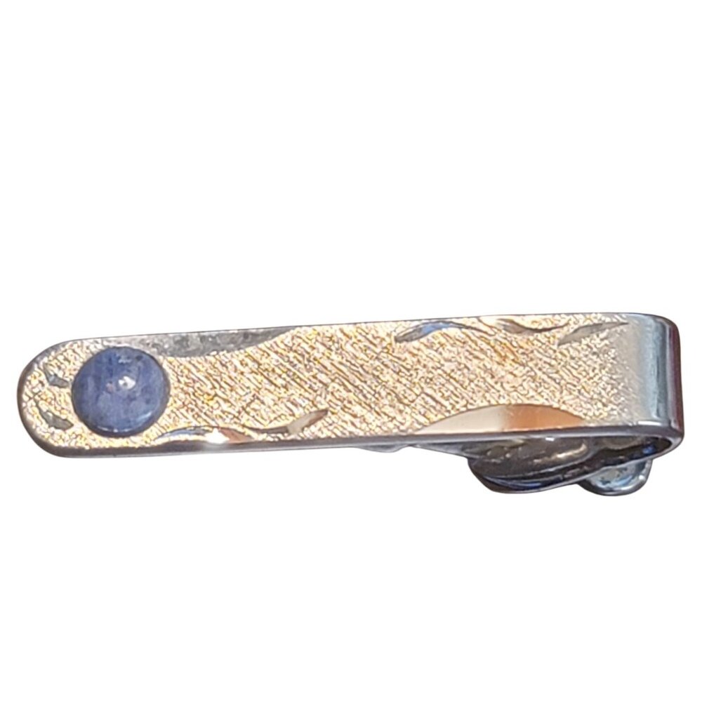 Vintage Shields Silver Tie Clip With Blue Cabochon Stone Accent Cut in Design